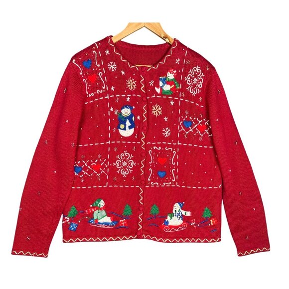 Vintage Womens Christmas Winter Sweater Large Cardigan Beaded Embroidered - Picture 1 of 10